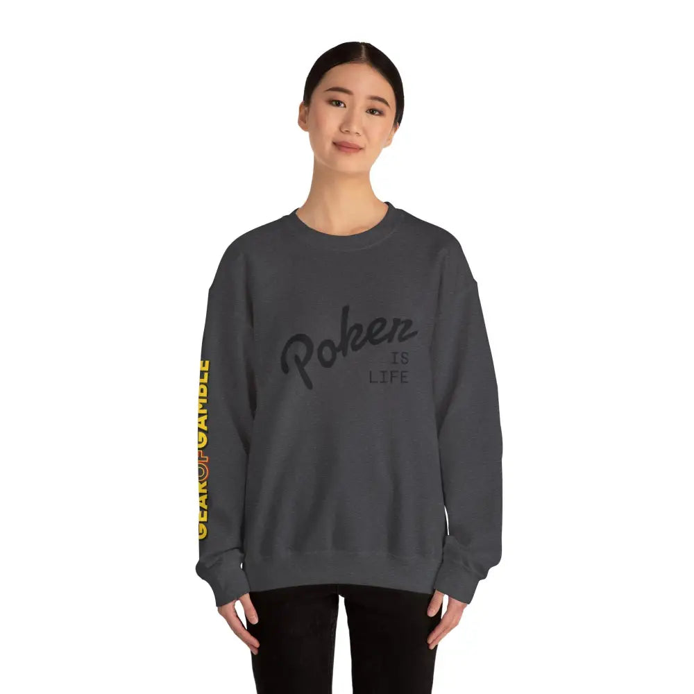 Crewneck Sweatshirt - ’Poker Is Life’ Graphic with Sleeve ’Clear to Gamble’ Accent - Sweatshirt