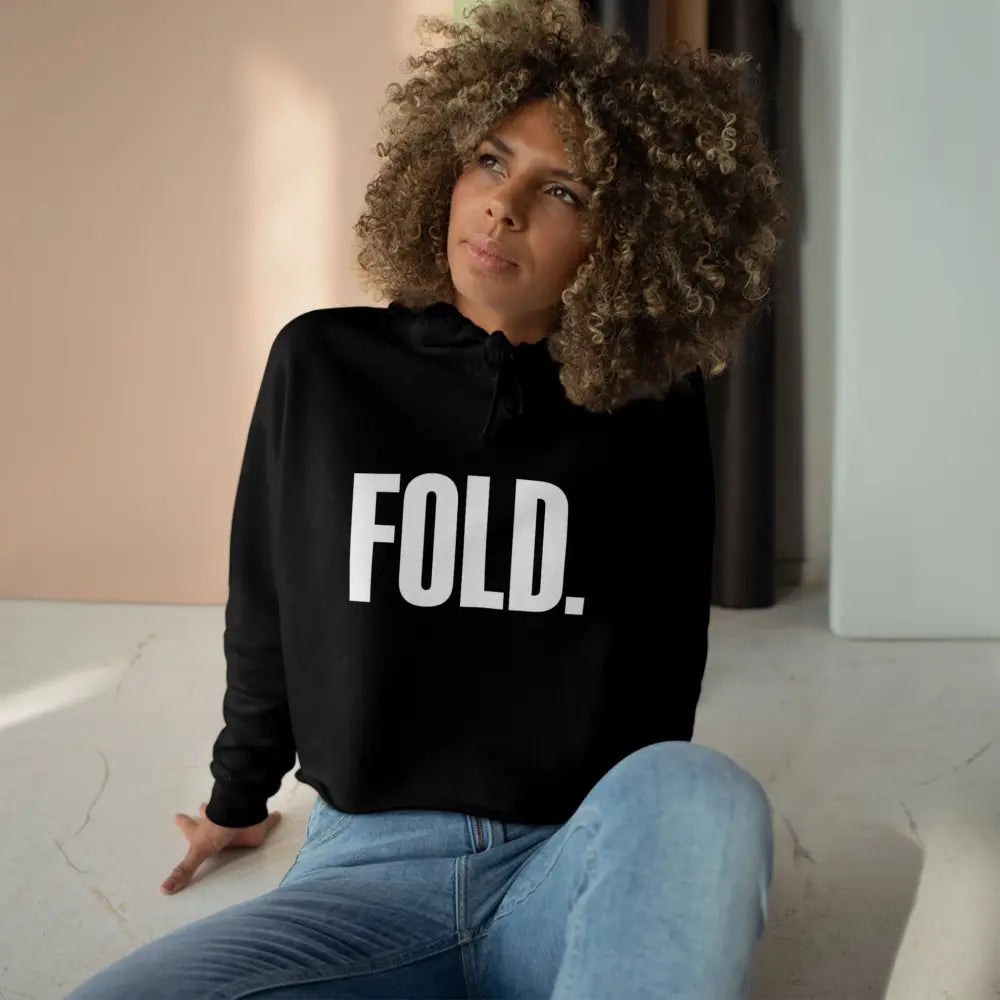 Women's poker crop hoodie with "FOLD." slogan – stylish poker apparel for female players and fans.