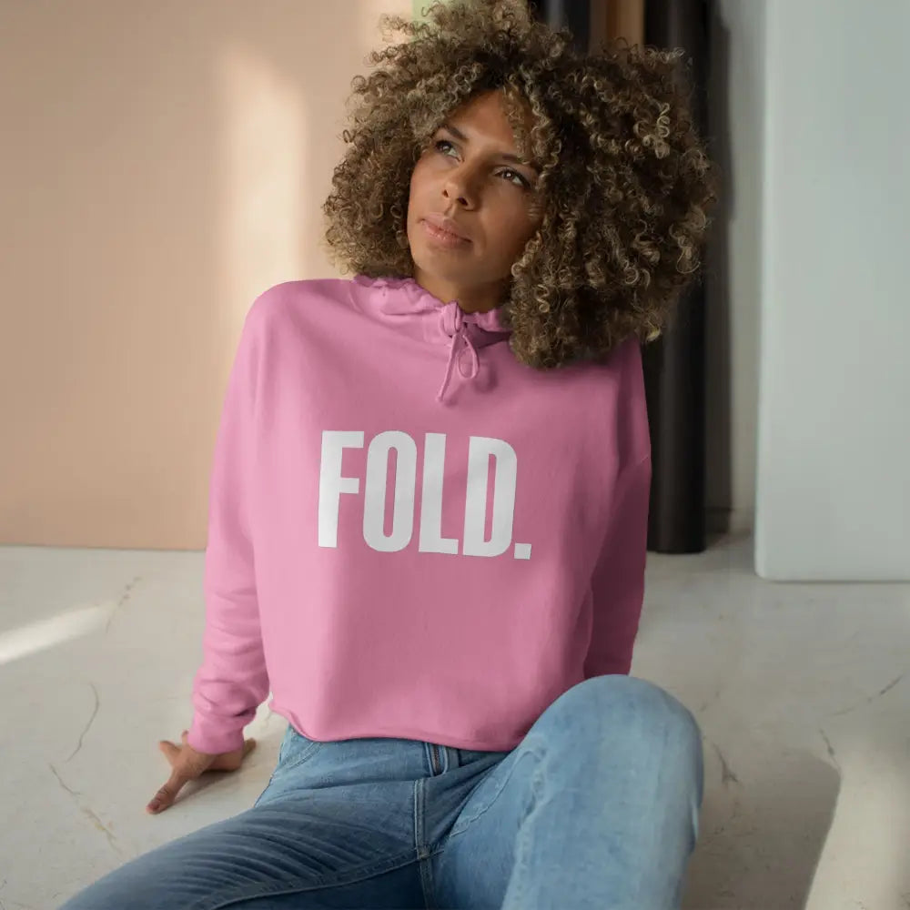 Women's poker crop hoodie with "FOLD." slogan – stylish poker apparel for female players and fans.
