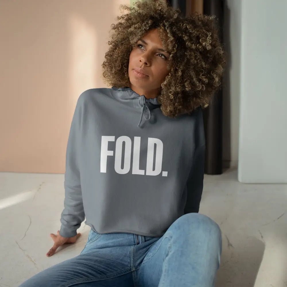 Women's poker crop hoodie with "FOLD." slogan – stylish poker apparel for female players and fans.