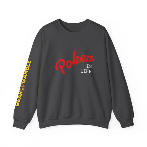 Dark Crewneck Sweatshirt - ’Poker Is Life’ Graphic with Sleeve ’Clear to Gamble’ Accent - Dark Heather / S - Sweatshirt