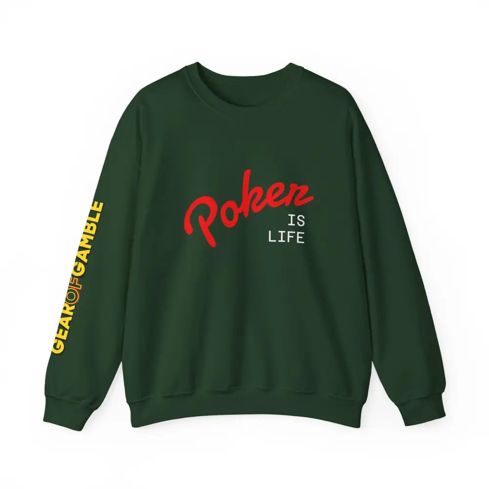 Dark Crewneck Sweatshirt - ’Poker Is Life’ Graphic with Sleeve ’Clear to Gamble’ Accent - Forest Green / S - Sweatshirt