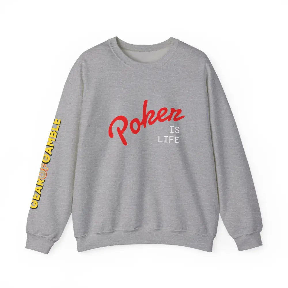 Dark Crewneck Sweatshirt - ’Poker Is Life’ Graphic with Sleeve ’Clear to Gamble’ Accent - Sport Grey / S - Sweatshirt