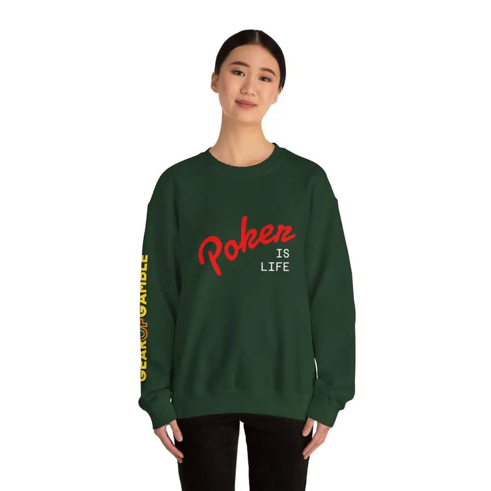 Dark Crewneck Sweatshirt - ’Poker Is Life’ Graphic with Sleeve ’Clear to Gamble’ Accent - Sweatshirt