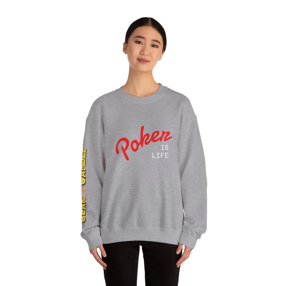 Dark Crewneck Sweatshirt - ’Poker Is Life’ Graphic with Sleeve ’Clear to Gamble’ Accent - Sweatshirt