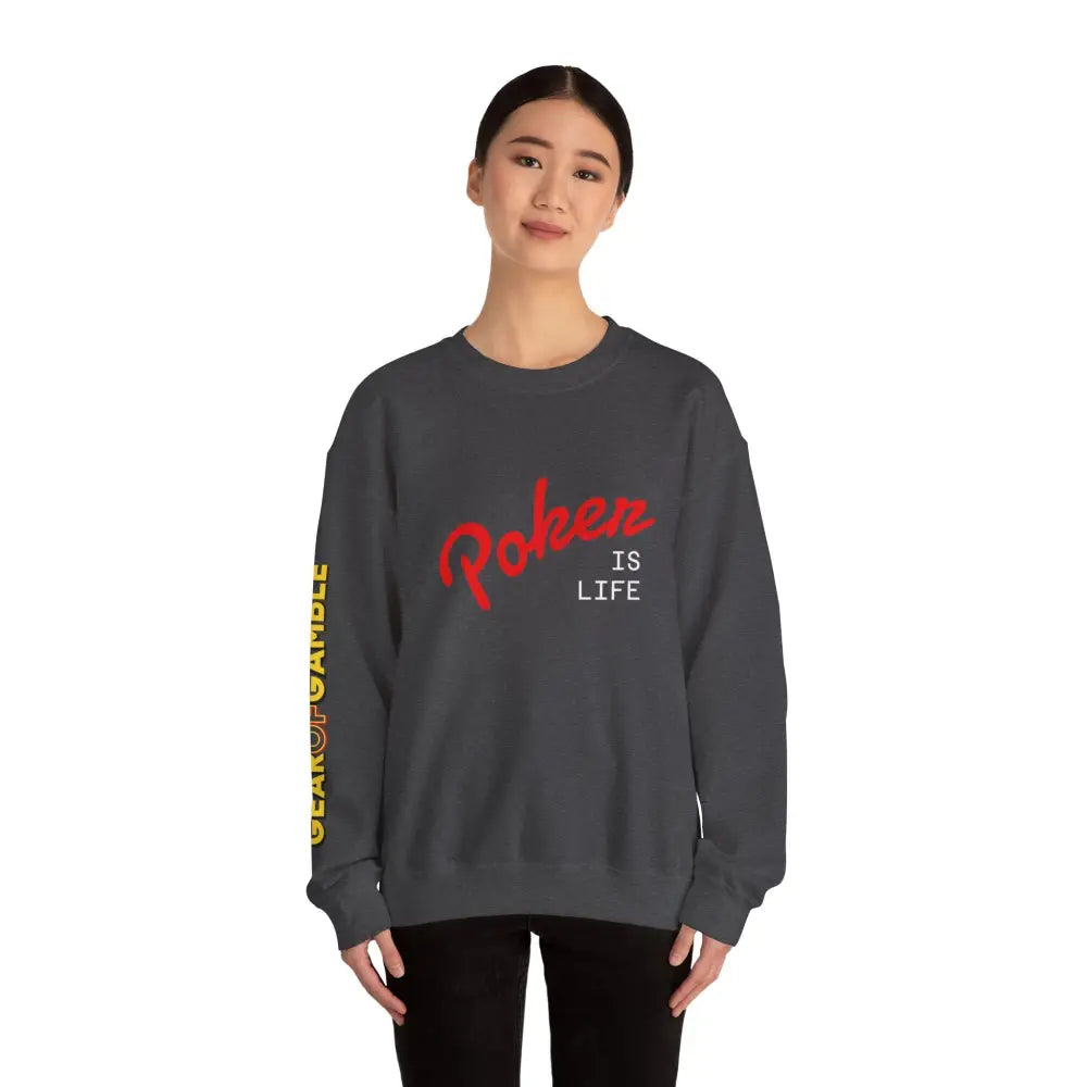 Dark Crewneck Sweatshirt - ’Poker Is Life’ Graphic with Sleeve ’Clear to Gamble’ Accent - Sweatshirt
