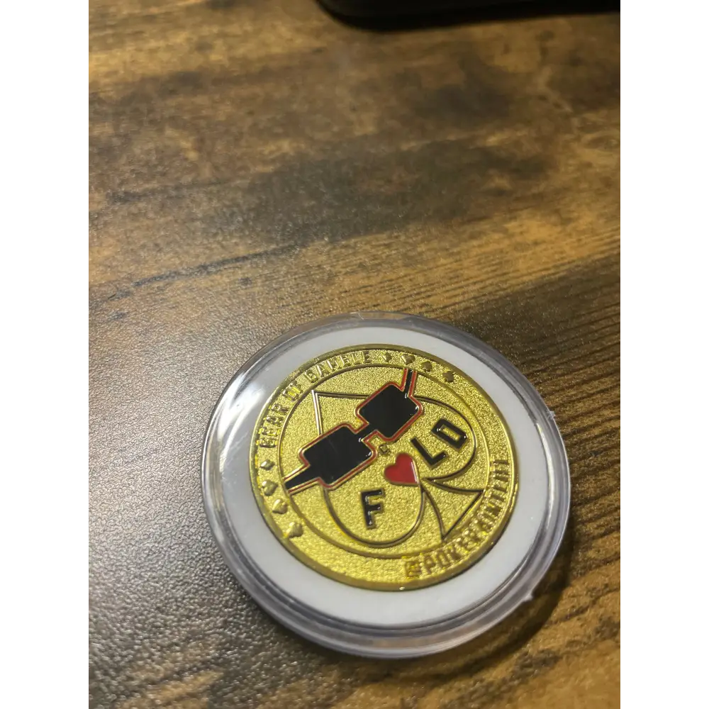 Premium metal poker card protector with ‘Fold’ art on each side. Designed for poker enthusiasts who value both security and style for their cards. A must-have poker accessory for strategic players