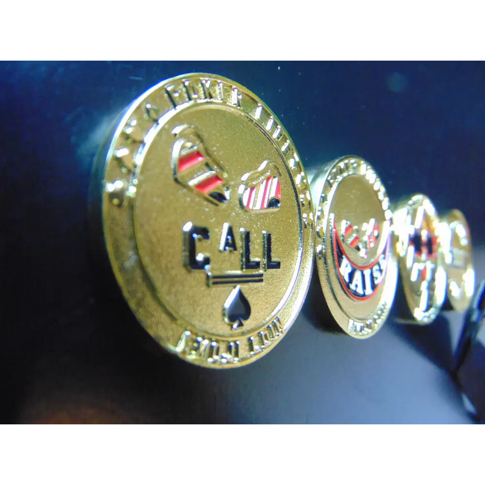 Premium metal poker card protector with ‘Call’ and ‘Raise’ art on each side. Ideal for poker players who want to secure their cards with a stylish and functional accessory. Must-have for serious card sharks