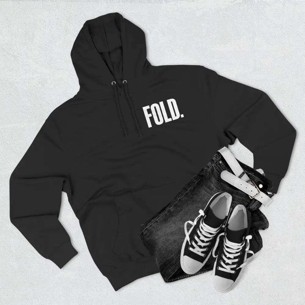 Minimalist "FOLD." poker hoodie – premium poker clothing for tournament grinders and casual players.