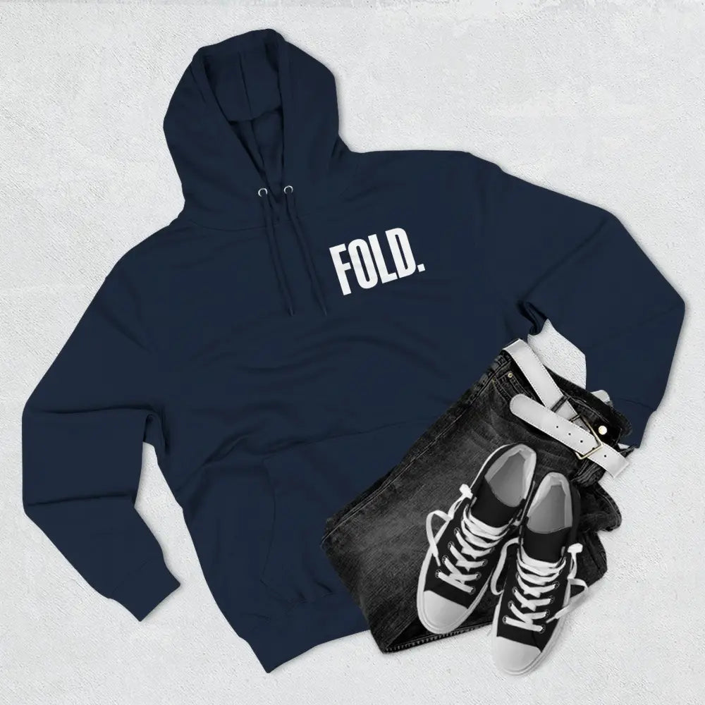 Minimalist "FOLD." poker hoodie – premium poker clothing for tournament grinders and casual players.