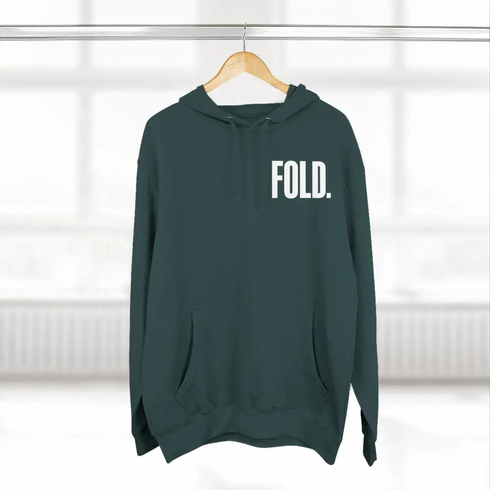 Minimalist "FOLD." poker hoodie – premium poker clothing for tournament grinders and casual players.