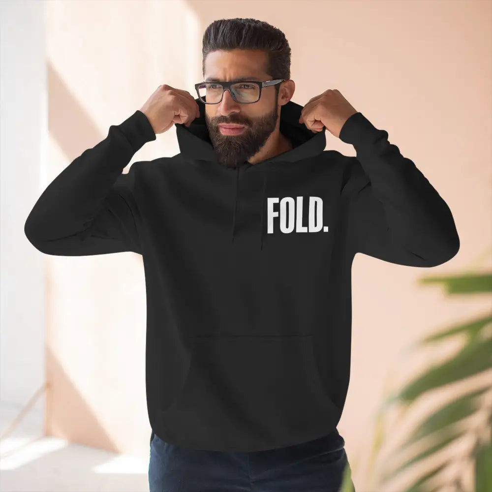 Minimalist "FOLD." poker hoodie – premium poker clothing for tournament grinders and casual players.