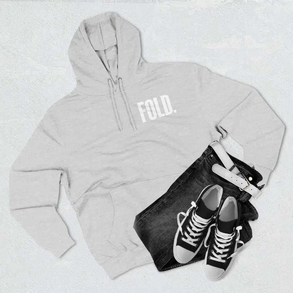 Minimalist "FOLD." poker hoodie – premium poker clothing for tournament grinders and casual players.