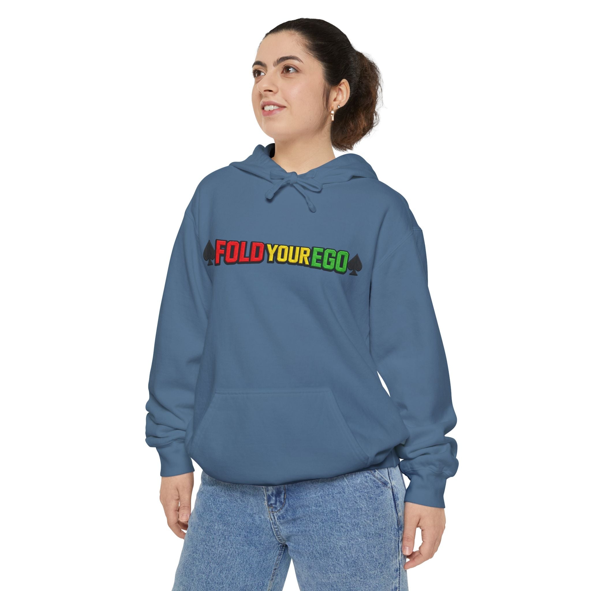 Fold Your Ego Embroidered Hoodie, Graphic Pullover with ’Fold Your Ego’ Rasta Text - Hoodie