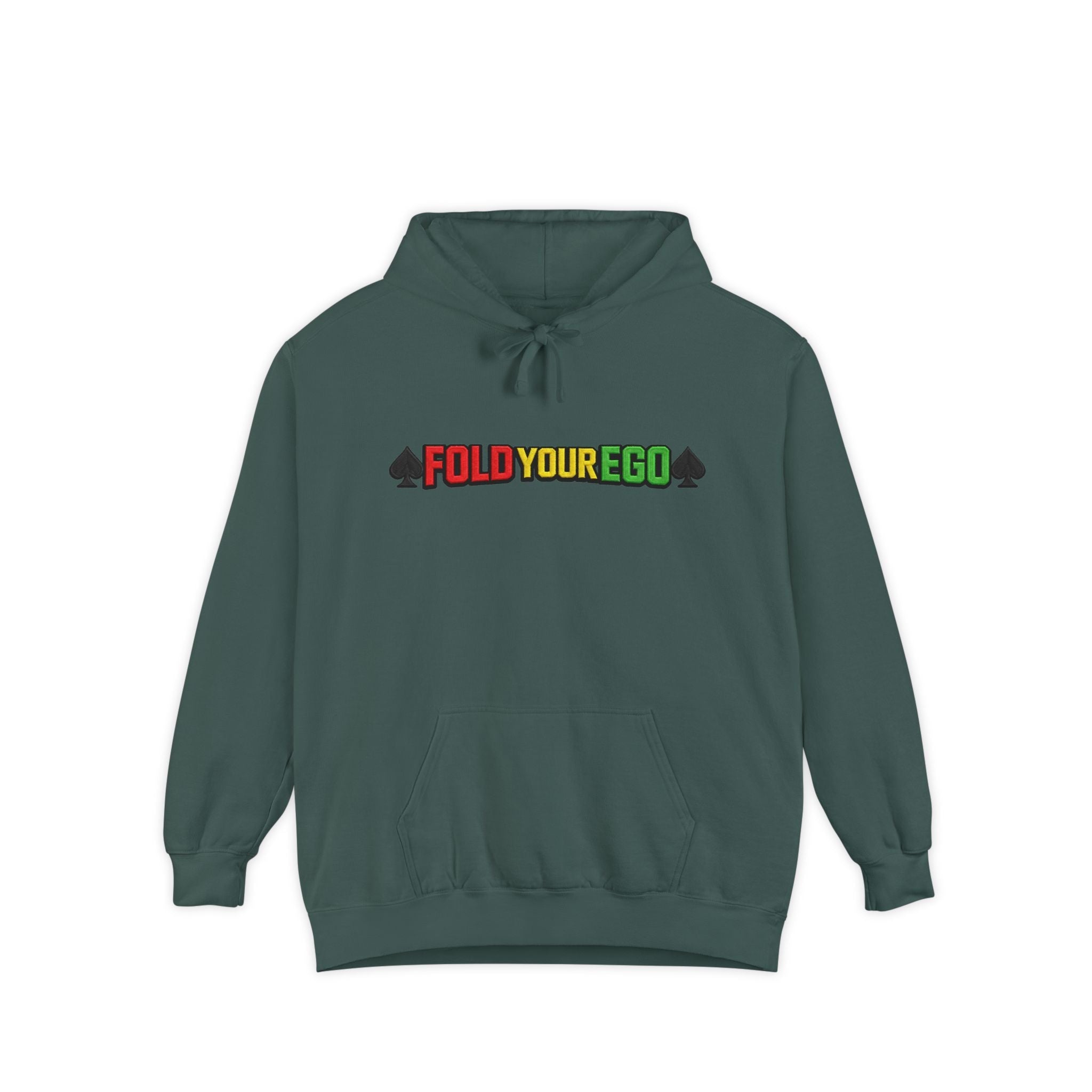 Fold Your Ego Embroidered Hoodie, Graphic Pullover with ’Fold Your Ego’ Rasta Text - Blue Spruce / S - Hoodie