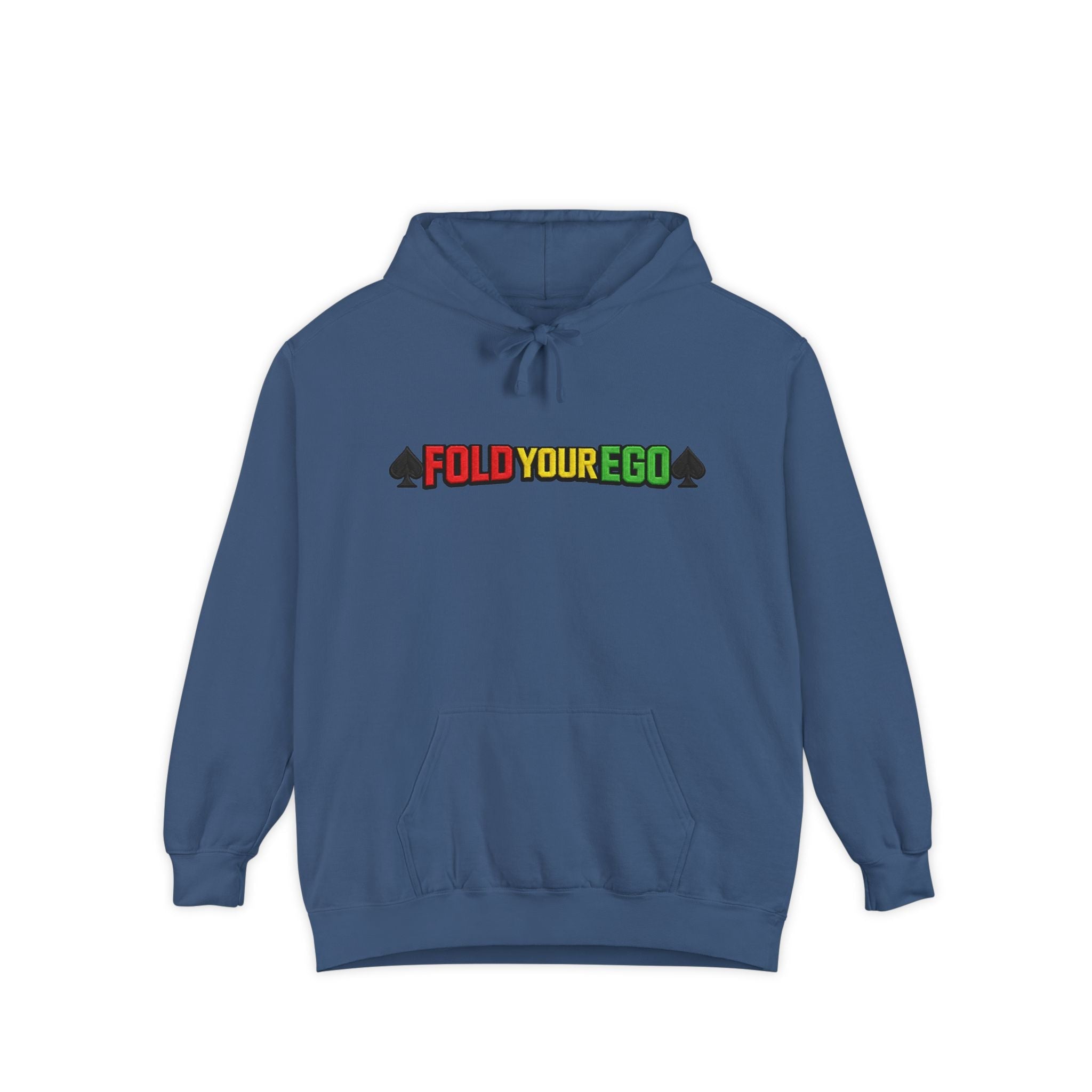 Fold Your Ego Embroidered Hoodie, Graphic Pullover with ’Fold Your Ego’ Rasta Text - True Navy / S - Hoodie