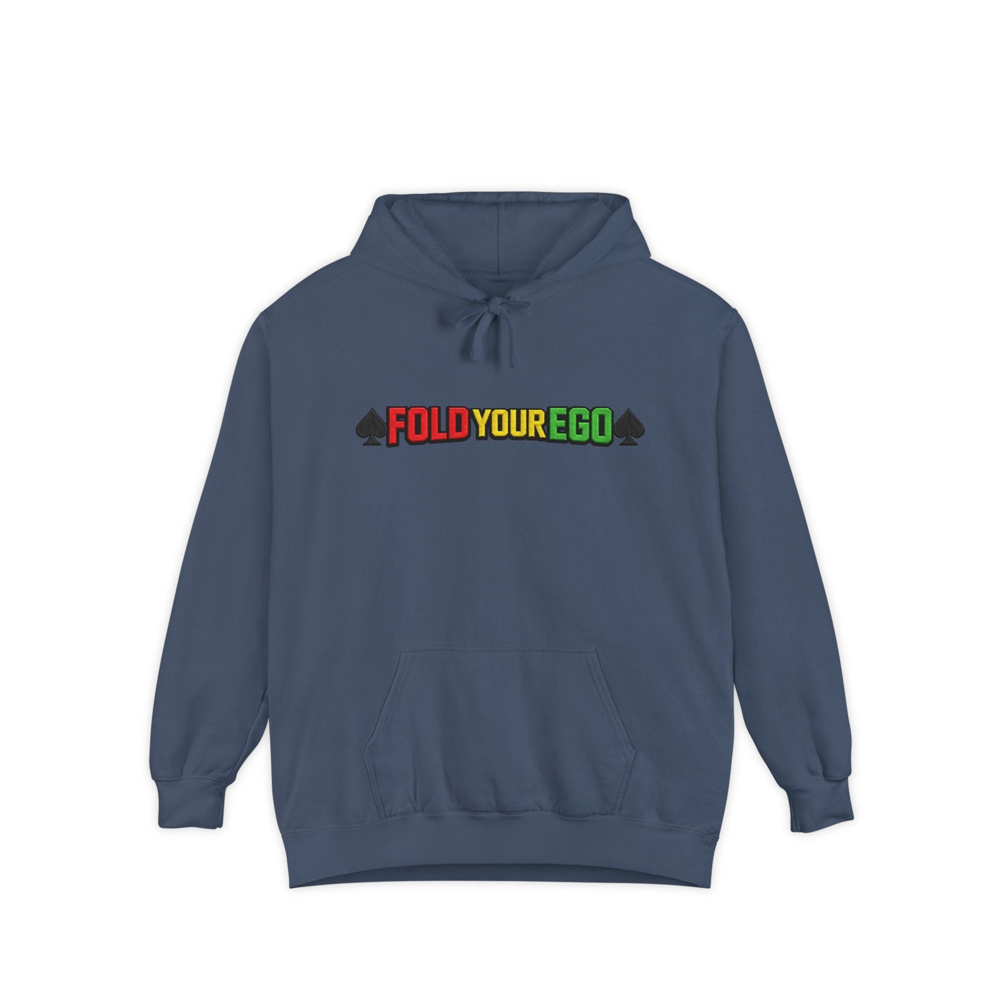 Fold Your Ego Embroidered Hoodie, Graphic Pullover with ’Fold Your Ego’ Rasta Text - Denim / S - Hoodie