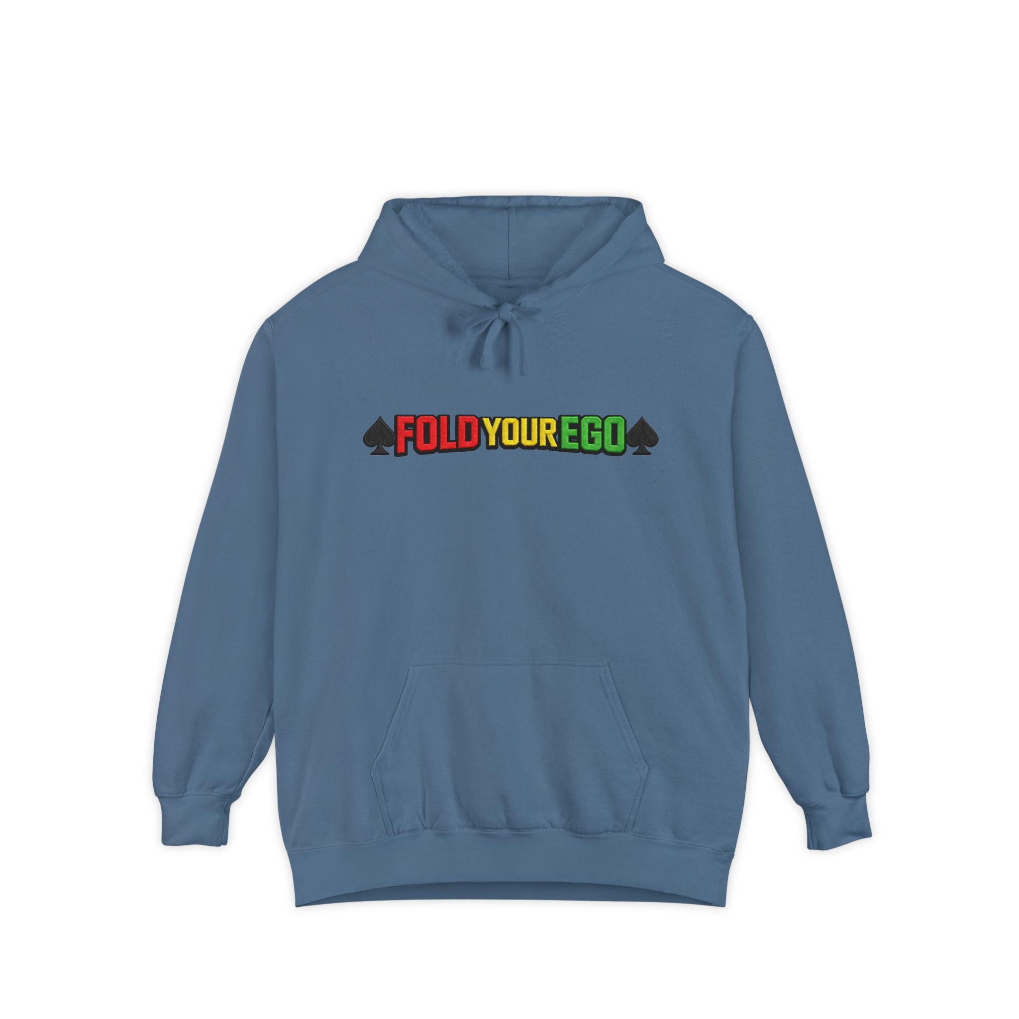Fold Your Ego Embroidered Hoodie, Graphic Pullover with ’Fold Your Ego’ Rasta Text - Blue Jean / S - Hoodie