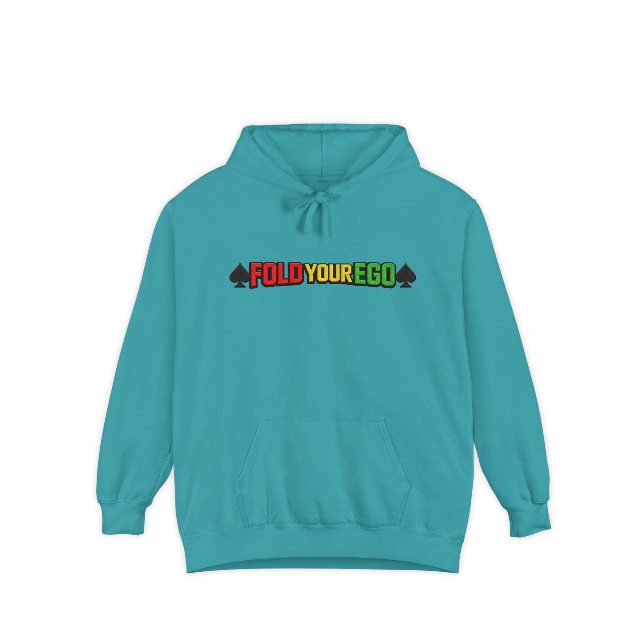 Fold Your Ego Embroidered Hoodie, Graphic Pullover with ’Fold Your Ego’ Rasta Text - Seafoam / S - Hoodie