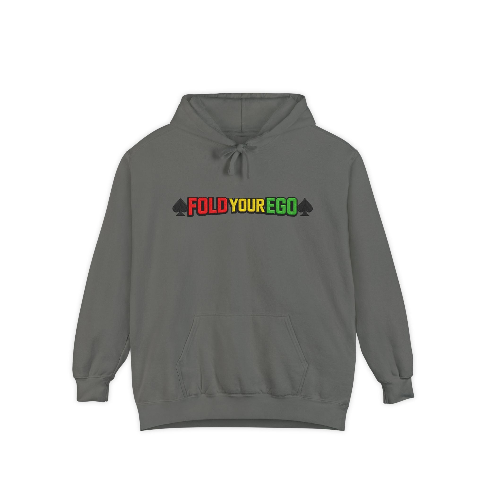 Fold Your Ego Embroidered Hoodie, Graphic Pullover with ’Fold Your Ego’ Rasta Text - Grey / S - Hoodie