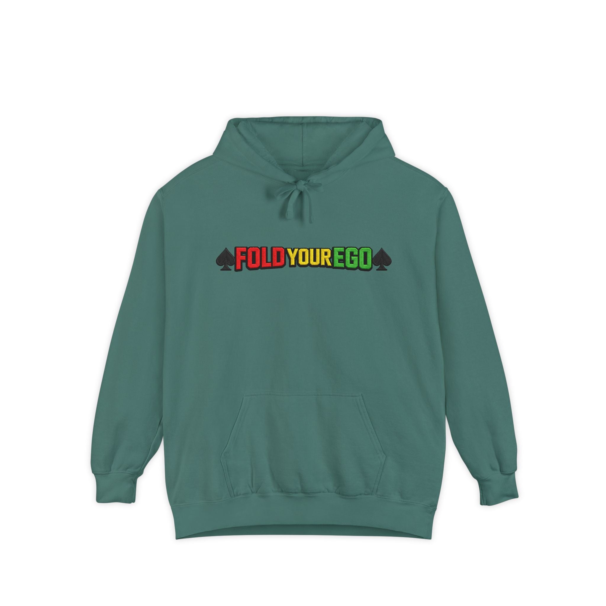 Fold Your Ego Embroidered Hoodie, Graphic Pullover with ’Fold Your Ego’ Rasta Text - Light Green / S - Hoodie