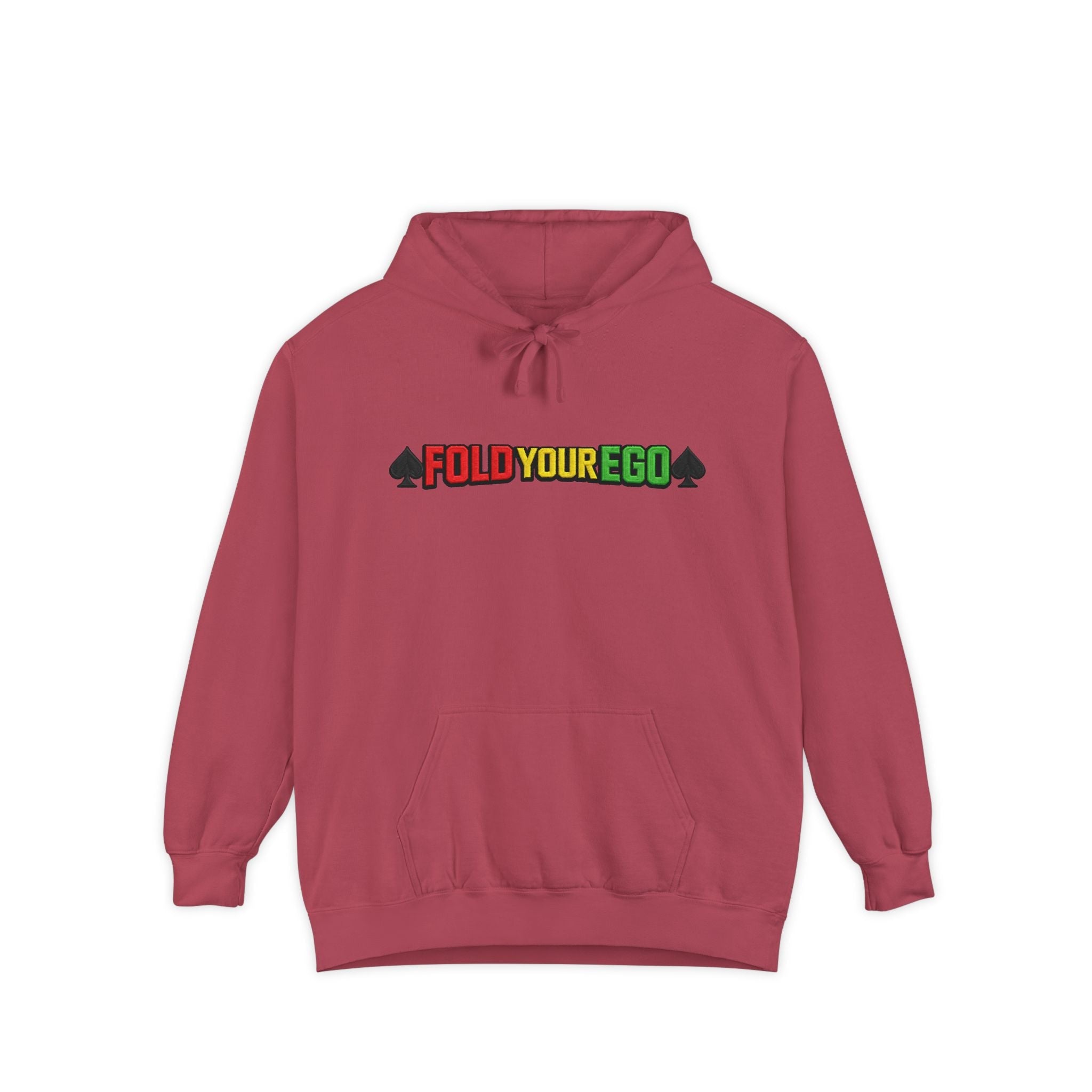 Fold Your Ego Embroidered Hoodie, Graphic Pullover with ’Fold Your Ego’ Rasta Text - Crimson / S - Hoodie