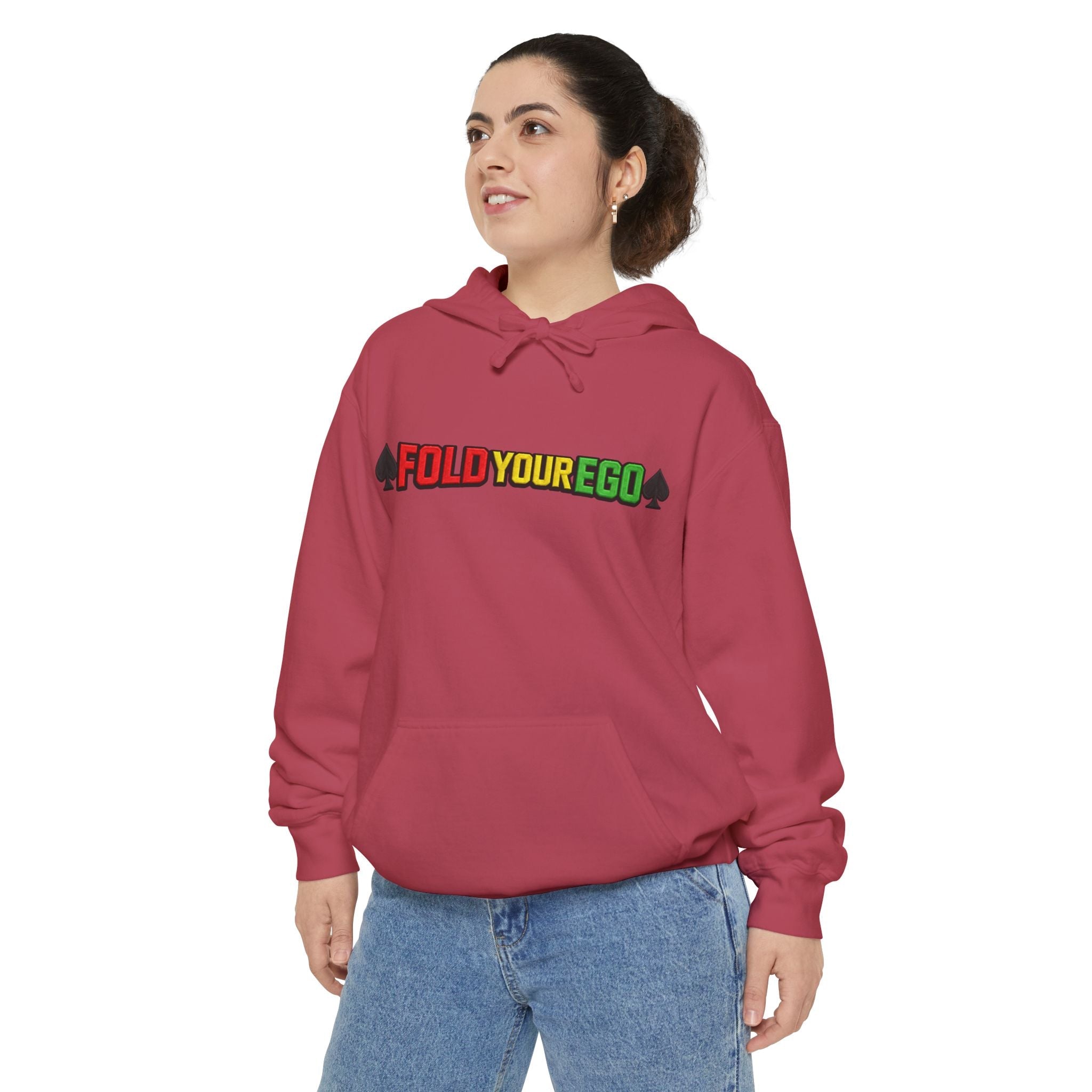 Fold Your Ego Embroidered Hoodie, Graphic Pullover with ’Fold Your Ego’ Rasta Text - Hoodie