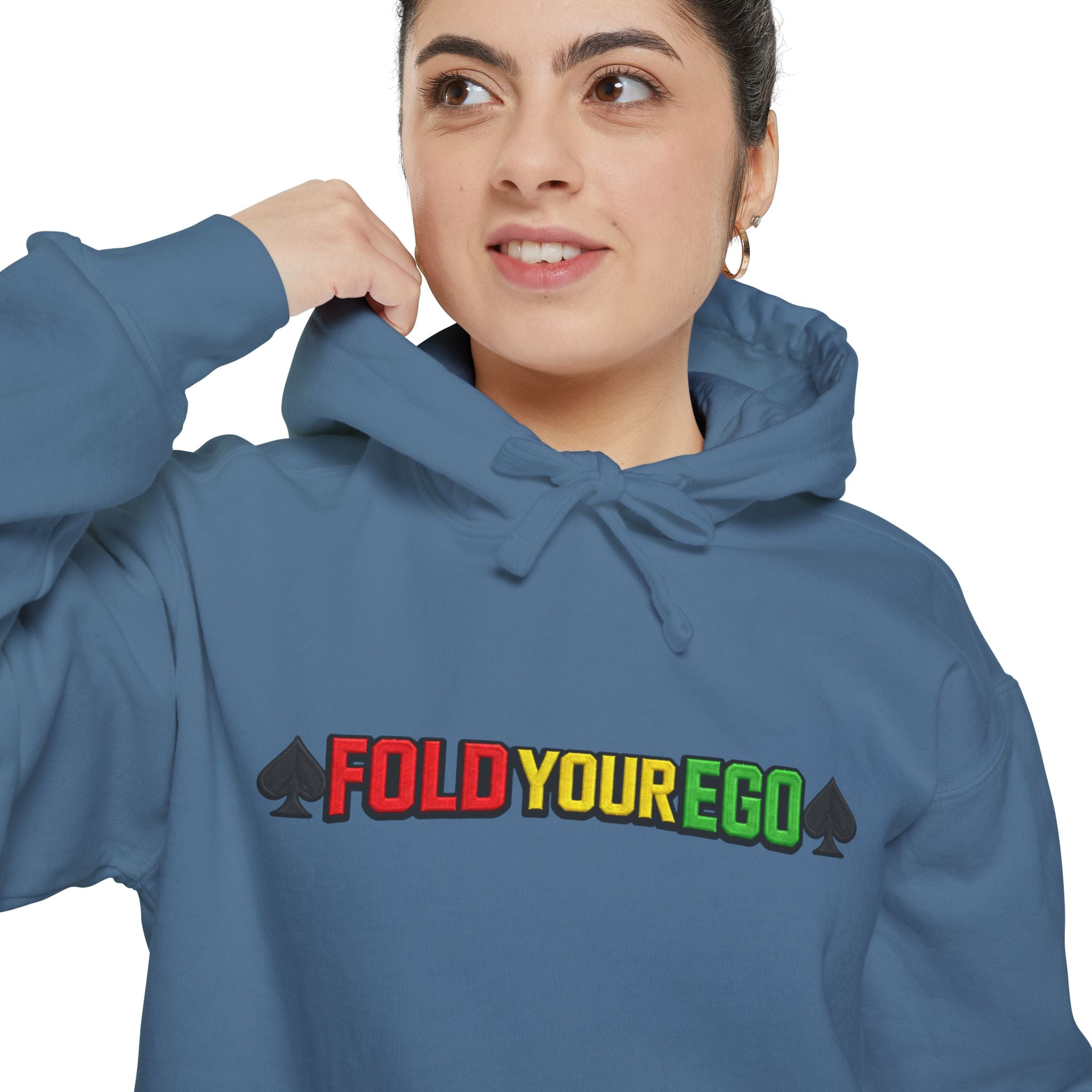 Fold Your Ego Embroidered Hoodie, Graphic Pullover with ’Fold Your Ego’ Rasta Text - Hoodie
