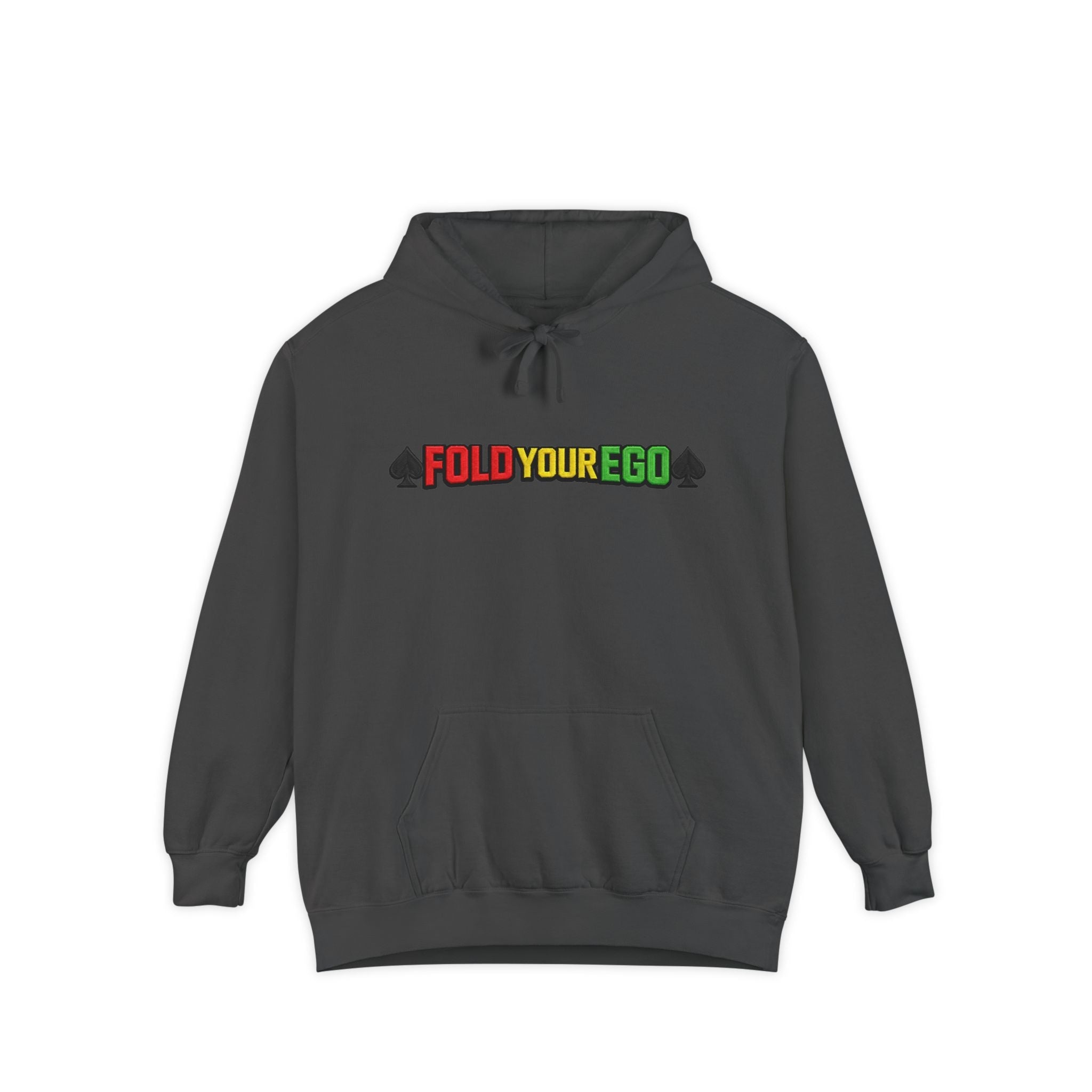 Fold Your Ego Embroidered Hoodie, Graphic Pullover with ’Fold Your Ego’ Rasta Text - Pepper / S - Hoodie