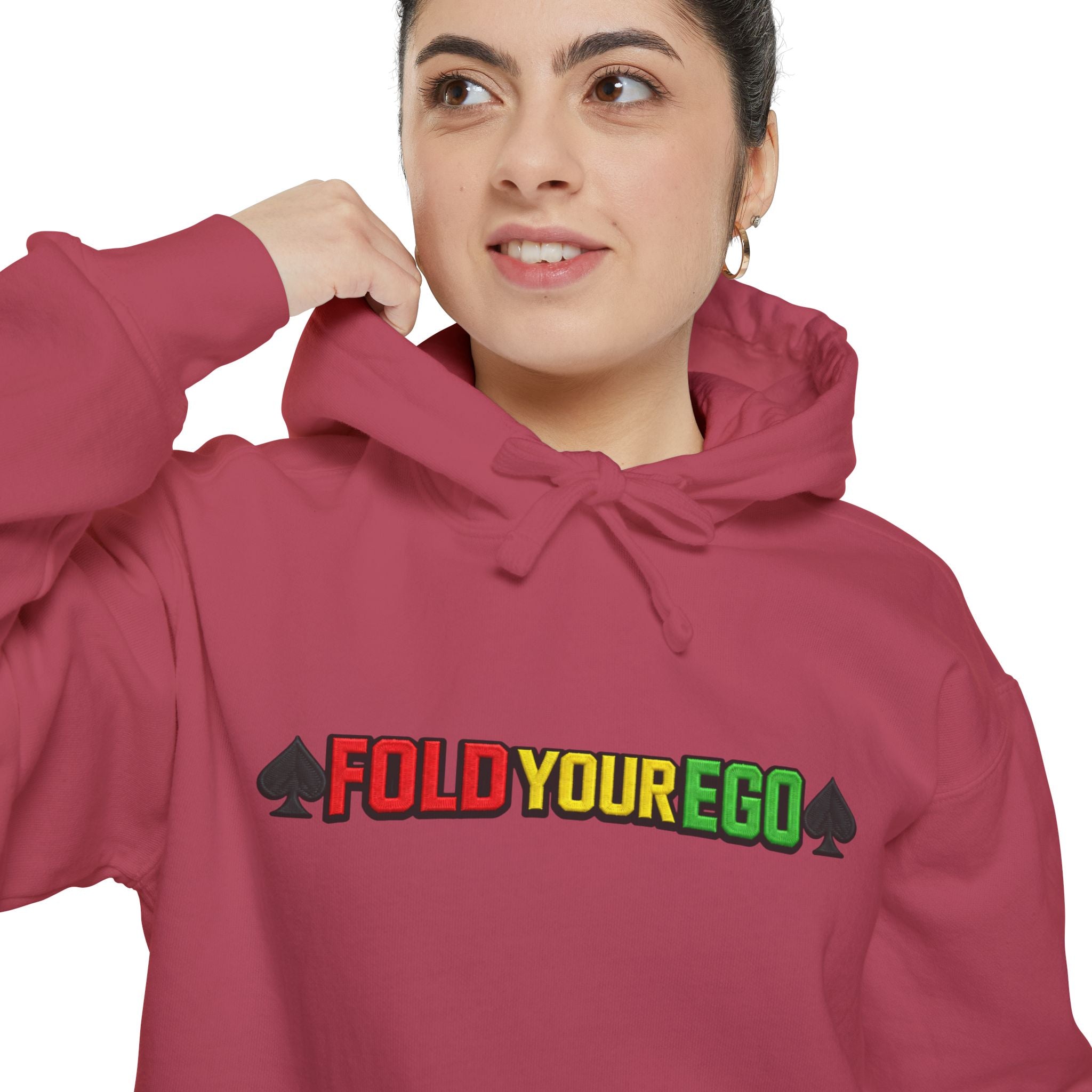 Fold Your Ego Embroidered Hoodie, Graphic Pullover with ’Fold Your Ego’ Rasta Text - Hoodie