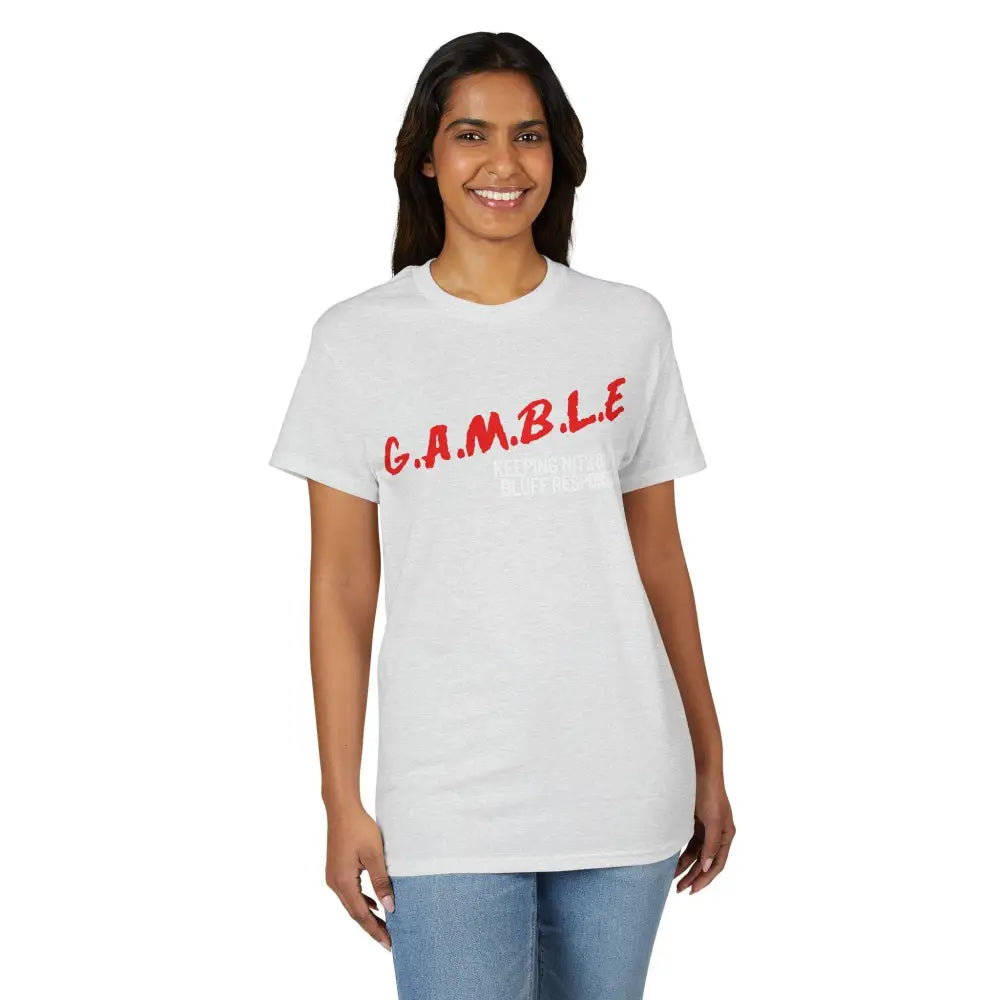 G.A.M.B.L.E. Graphic T-Shirt, Bold Red Lettering Casual Tee NEW - T-Shirt