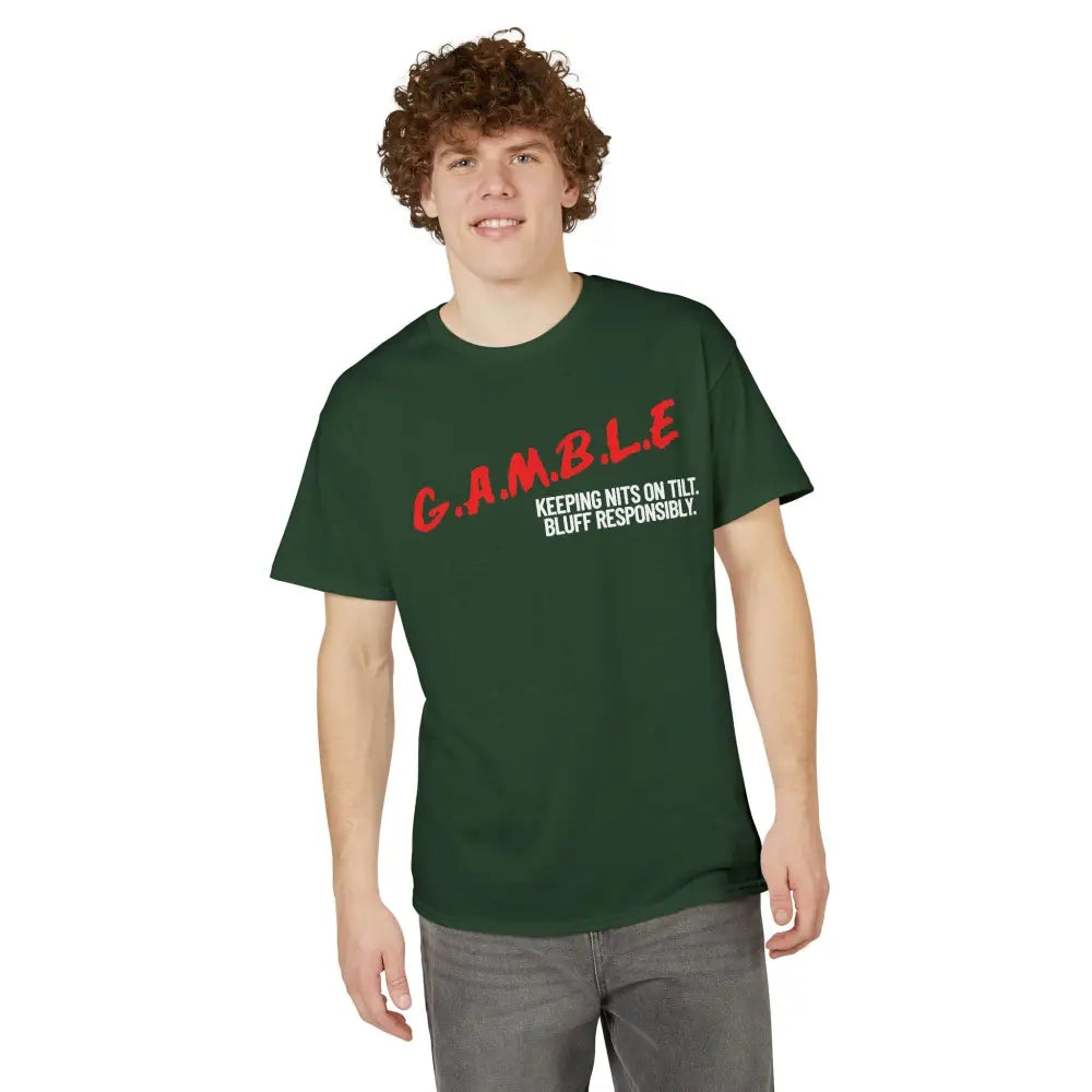 Person wearing a green t-shirt with red and white text on a white background