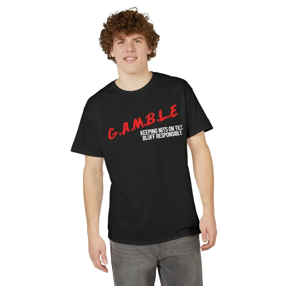 Person wearing a black t-shirt with red and white text on a white background