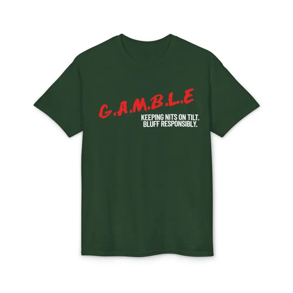 Green t-shirt with red and white text on a white background