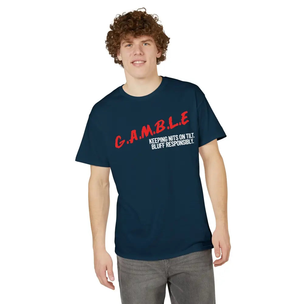 Person wearing a navy blue t-shirt with red and white text on a white background