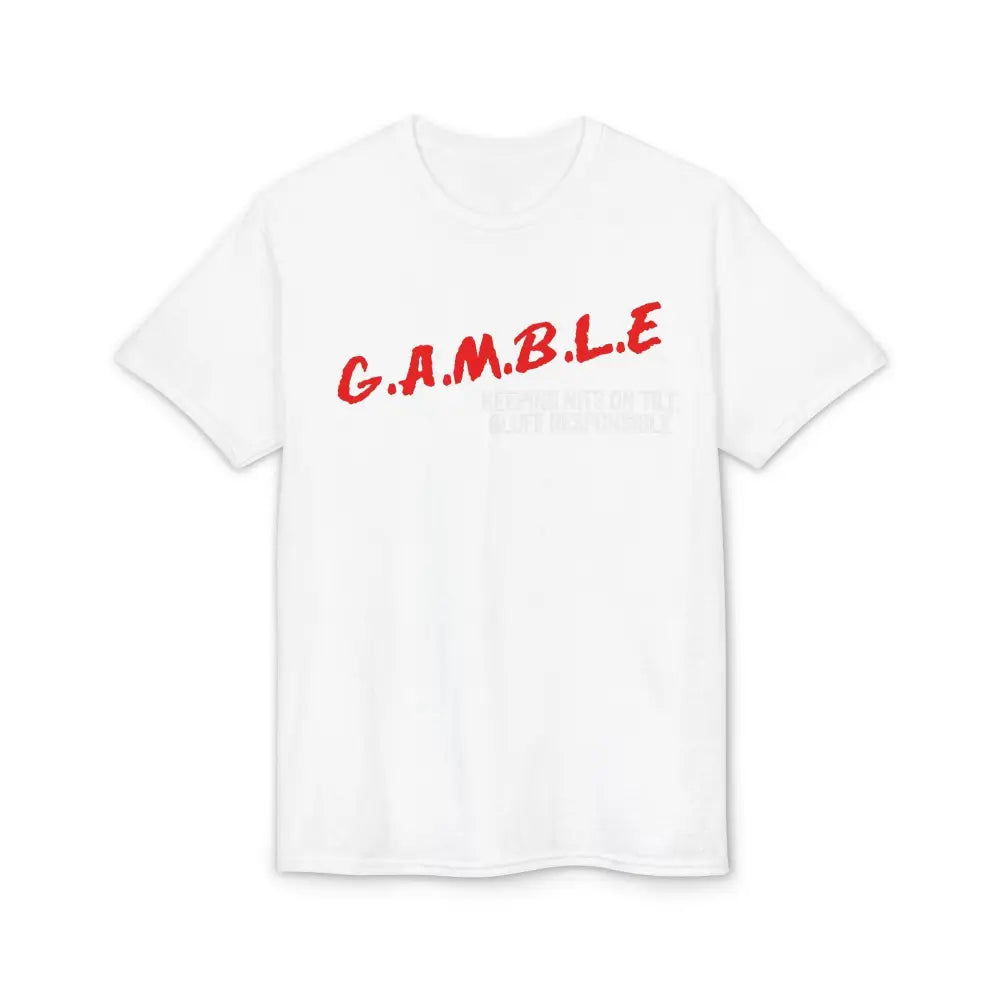White t-shirt with red 'G.A.M.B.L.E.' text on a white background