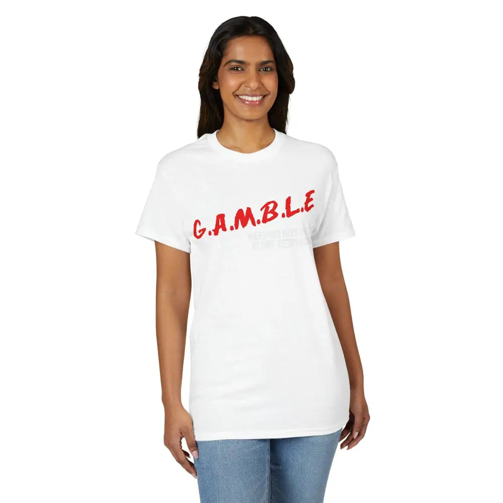 G.A.M.B.L.E. Graphic T-Shirt, Bold Red Lettering Casual Tee NEW - T-Shirt