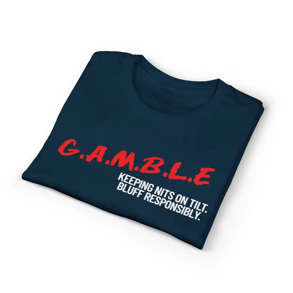 Black t-shirt with red and white text on a white background