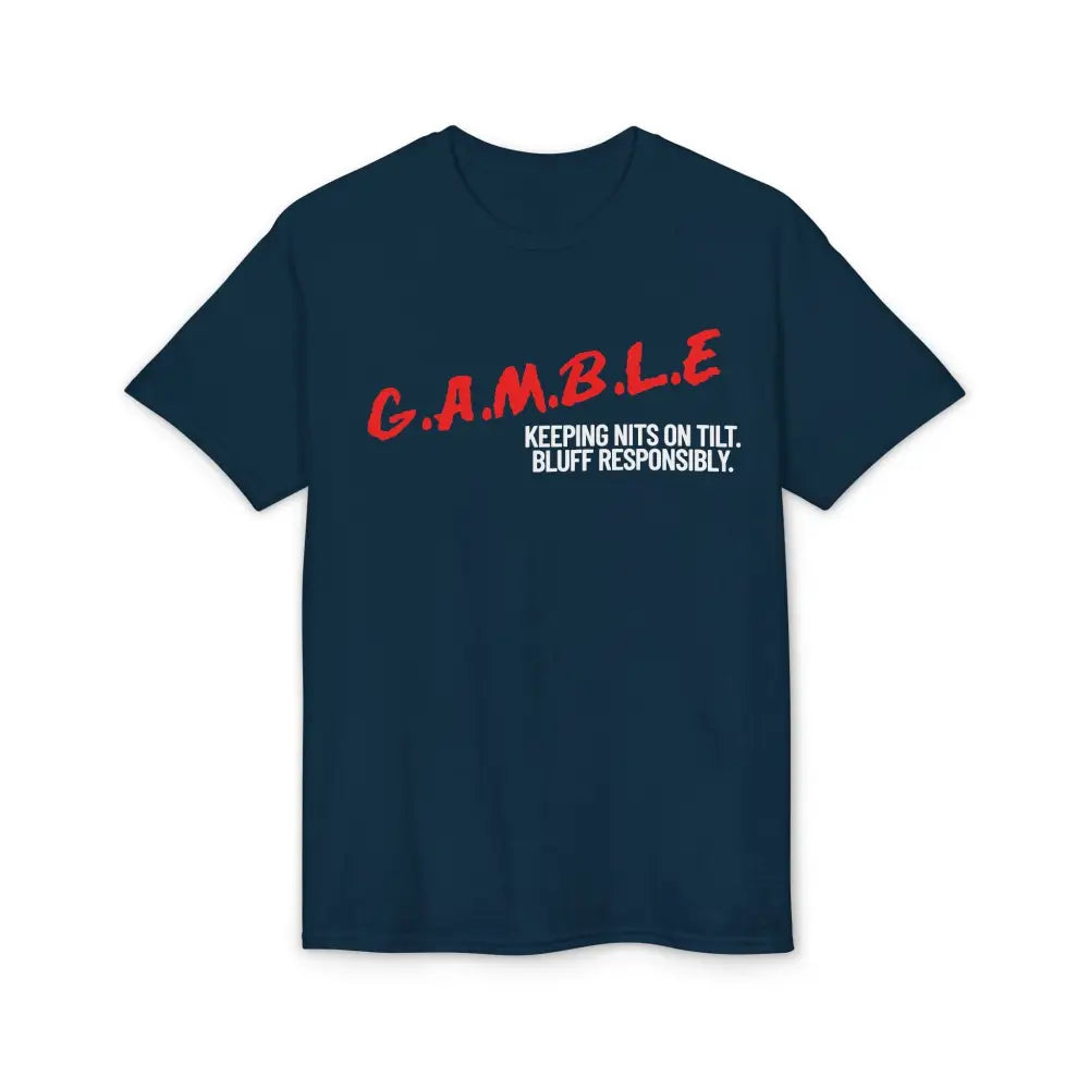 Navy blue t-shirt with red and white text on a white background