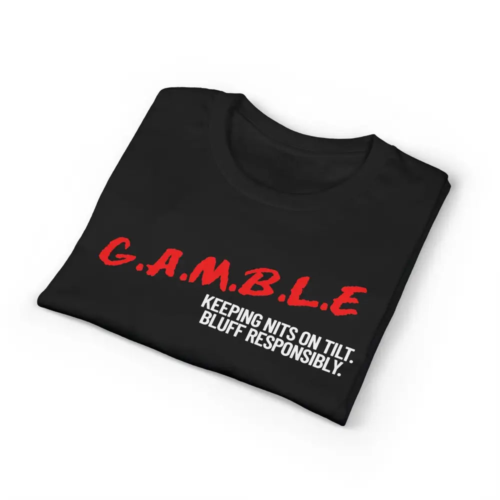 Black t-shirt with red and white text on a white background