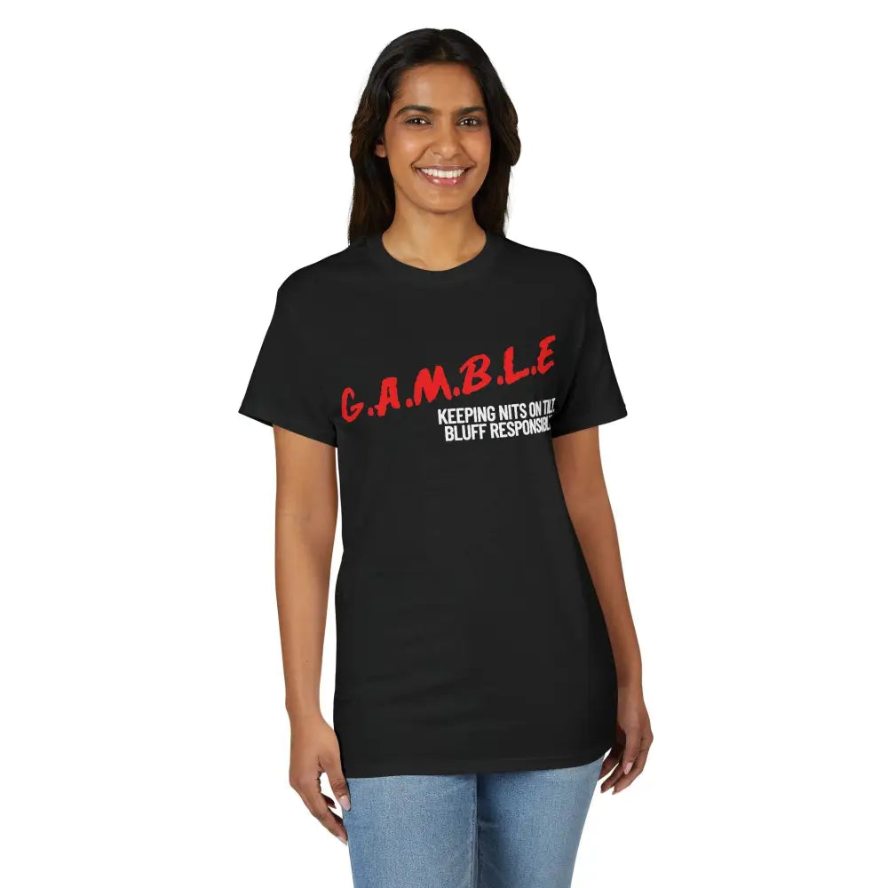 Woman wearing a black t-shirt with red and white text on a white background
