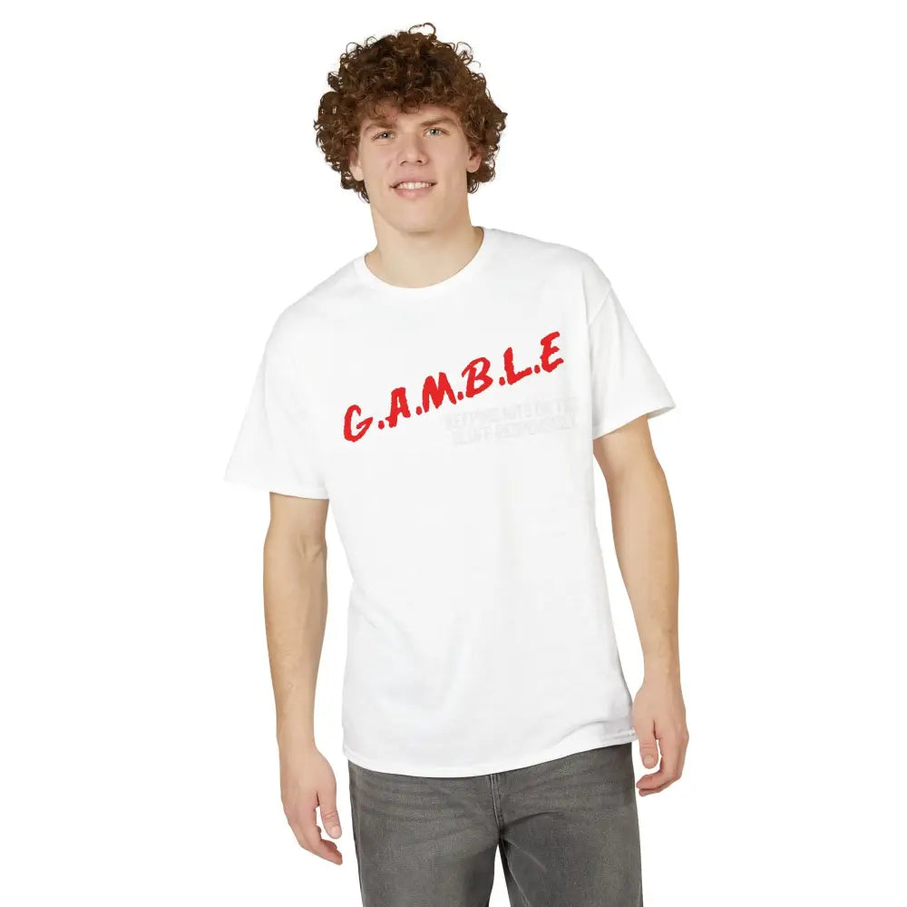 G.A.M.B.L.E. Graphic T-Shirt, Bold Red Lettering Casual Tee NEW - T-Shirt