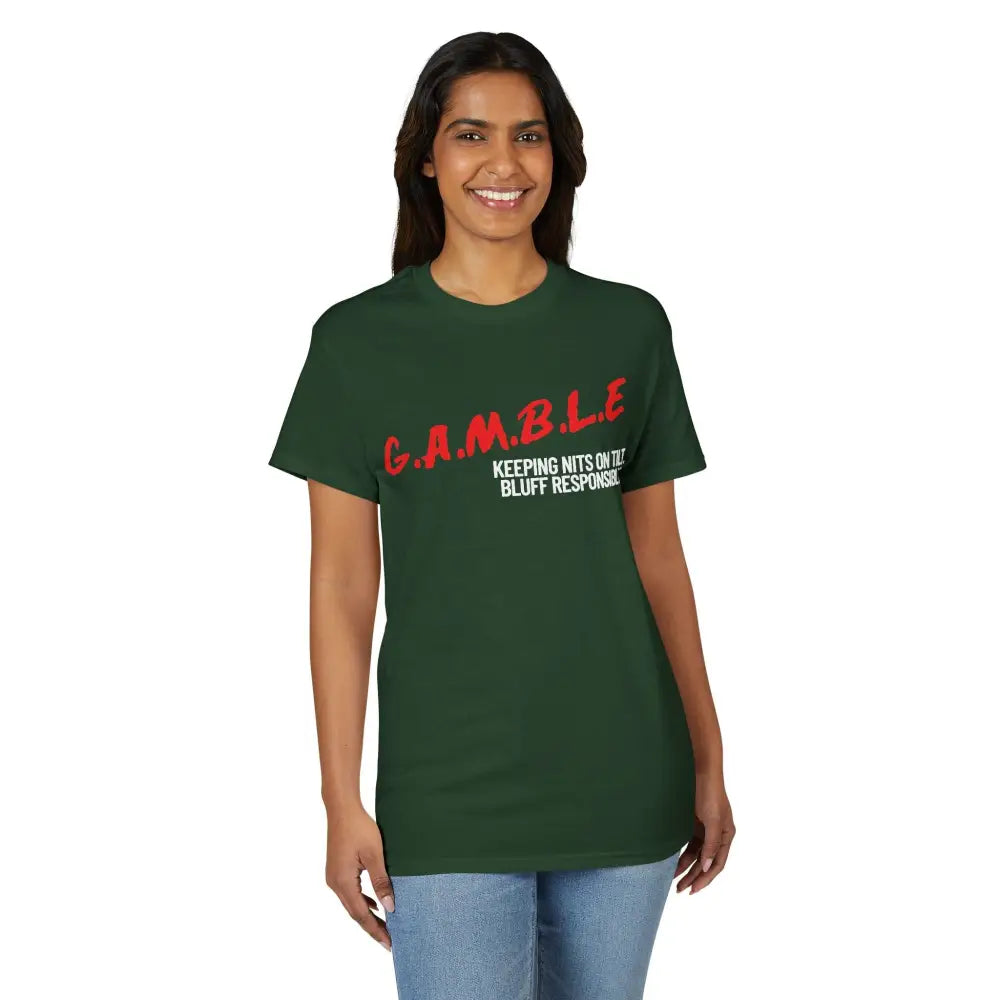 Woman wearing a green t-shirt with red and white text on a white background