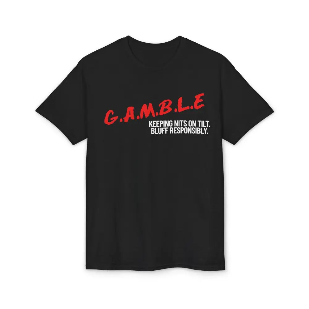 Black t-shirt with red and white text on a white background