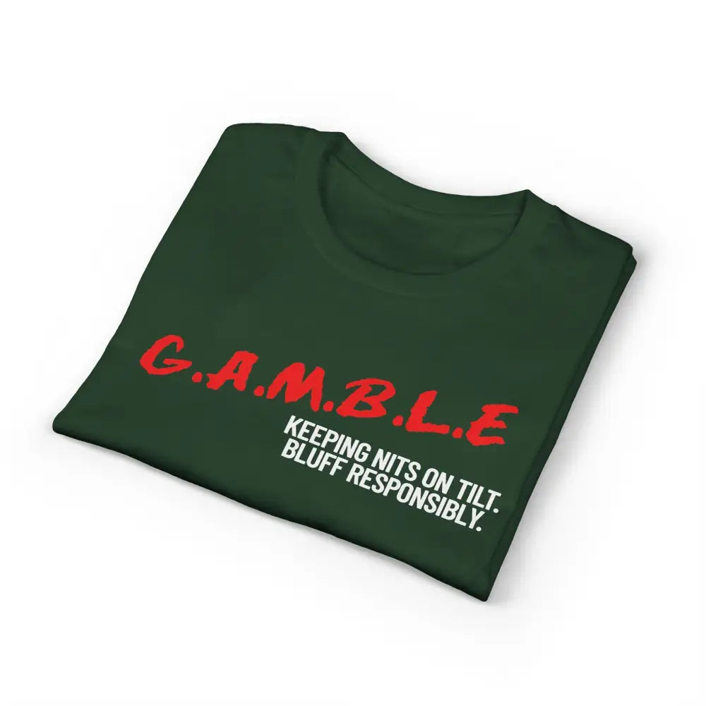 Black t-shirt with red and white text on a white background