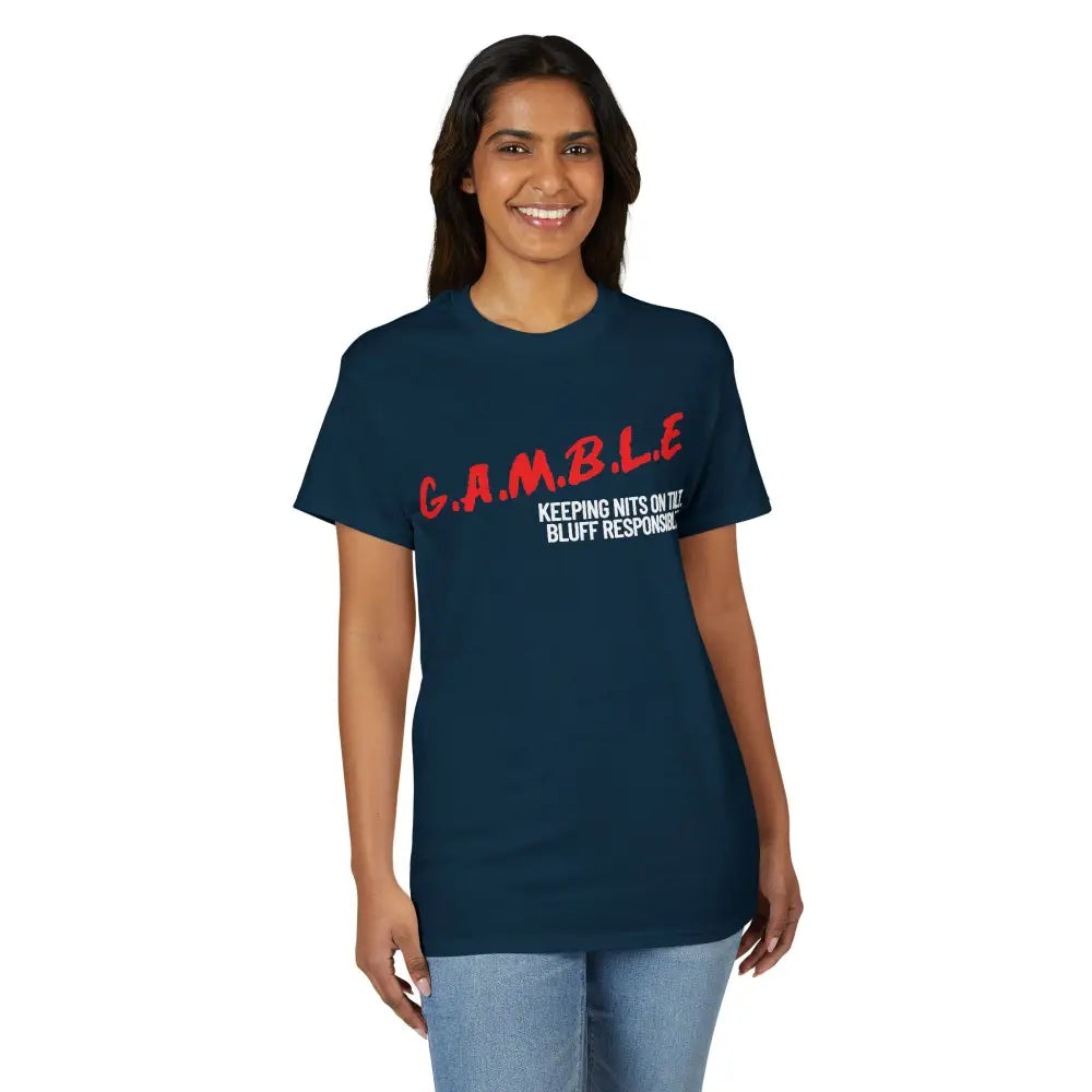 Woman wearing a navy blue t-shirt with red and white text on a white background