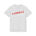 White t-shirt with red text 'G.A.M.B.L.E.' on a white background