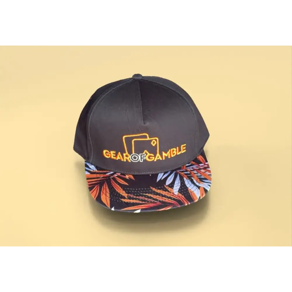 Black snapback hat with a bold leaf-patterned brim and Gear of Gamble logo on the front. Perfect poker apparel for players who want to showcase their love for the game with a unique twist