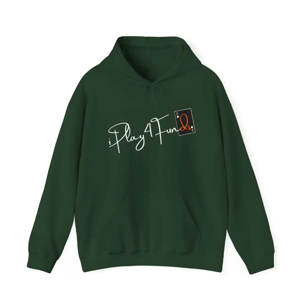 Green iPlay4Funds Poker apparel Hoodie featuring the iconic ‘iPlay4Funds’ logo on the chest. Crafted from a cotton-polyester blend, perfect for poker players who want to showcase their passion and stay cozy.