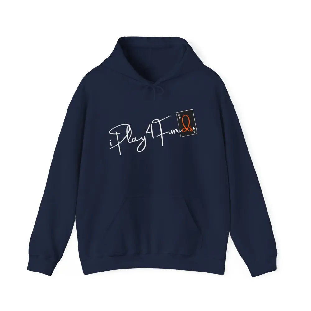 Navy Blue iPlay4Funds Poker apparel Hoodie featuring the iconic ‘iPlay4Funds’ logo on the chest. Crafted from a cotton-polyester blend, perfect for poker players who want to showcase their passion and stay cozy.
